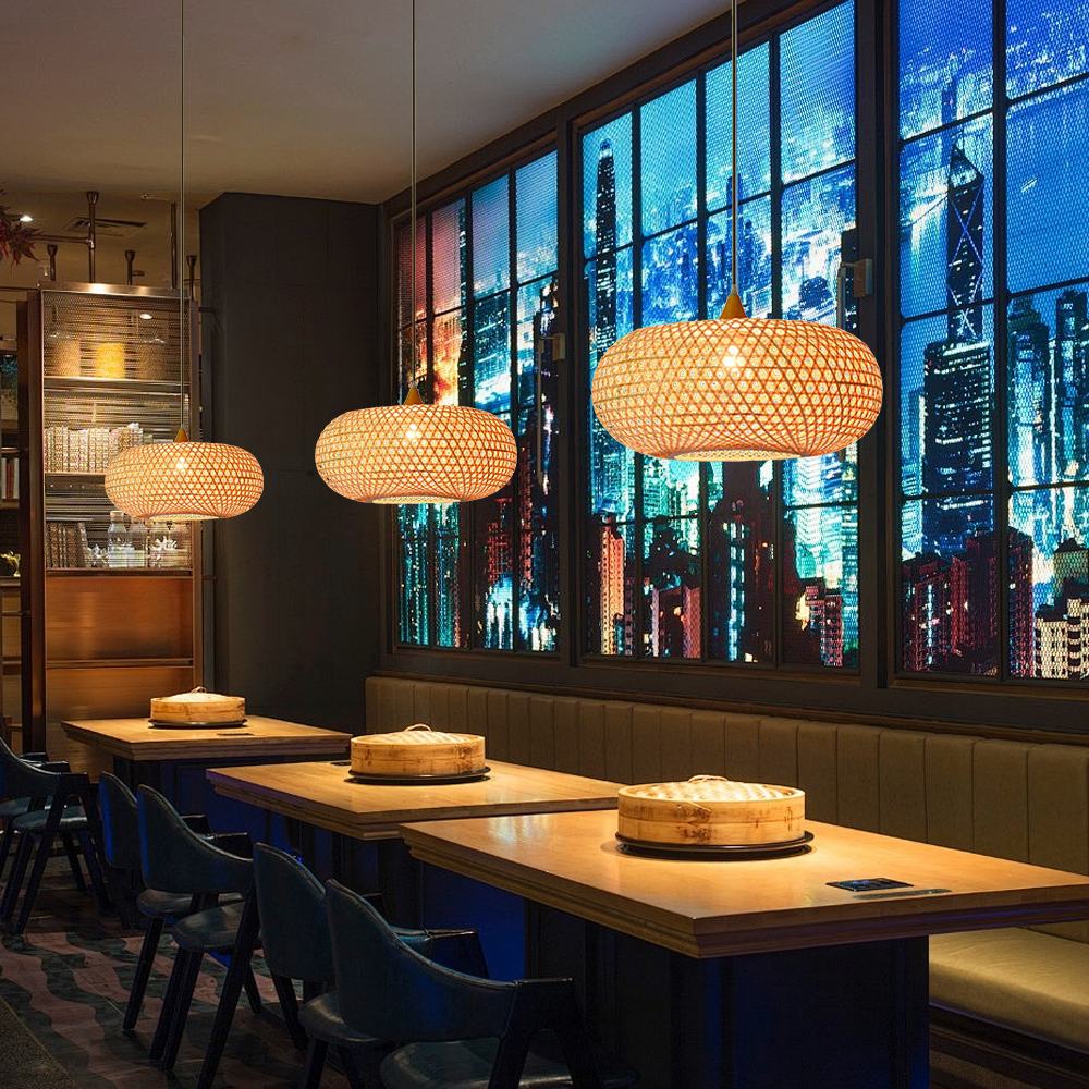 5-Head Wabi-sabi Restaurant Staircase Light Hand-woven Bamboo Pendant Light