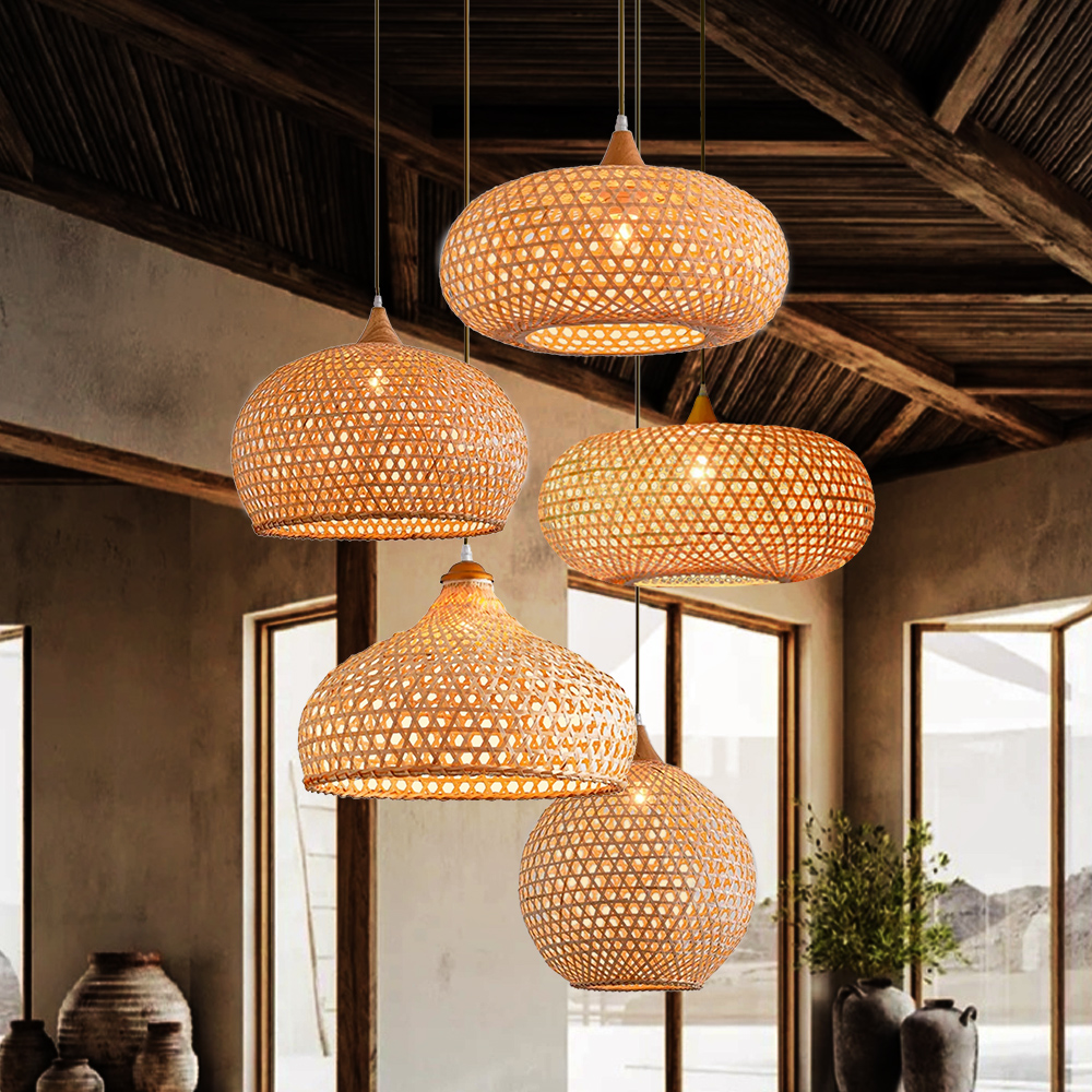 5-Head Wabi-sabi Restaurant Staircase Light Hand-woven Bamboo Pendant Light
