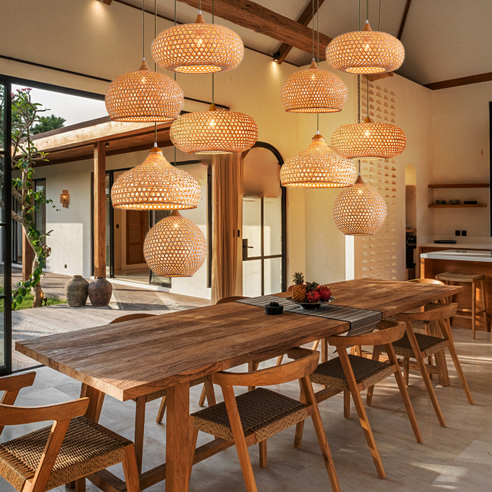 5-Head Wabi-sabi Restaurant Staircase Light Hand-woven Bamboo Pendant Light