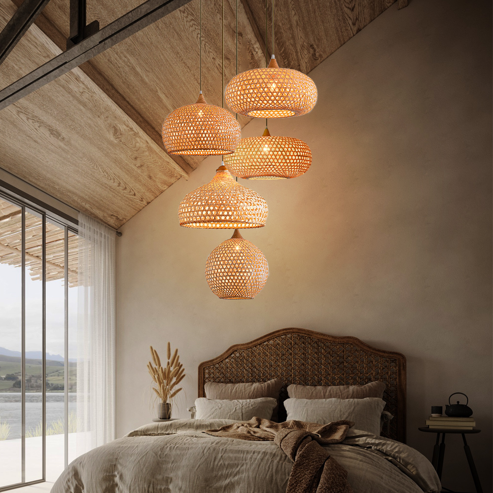 5-Head Wabi-sabi Restaurant Staircase Light Hand-woven Bamboo Pendant Light