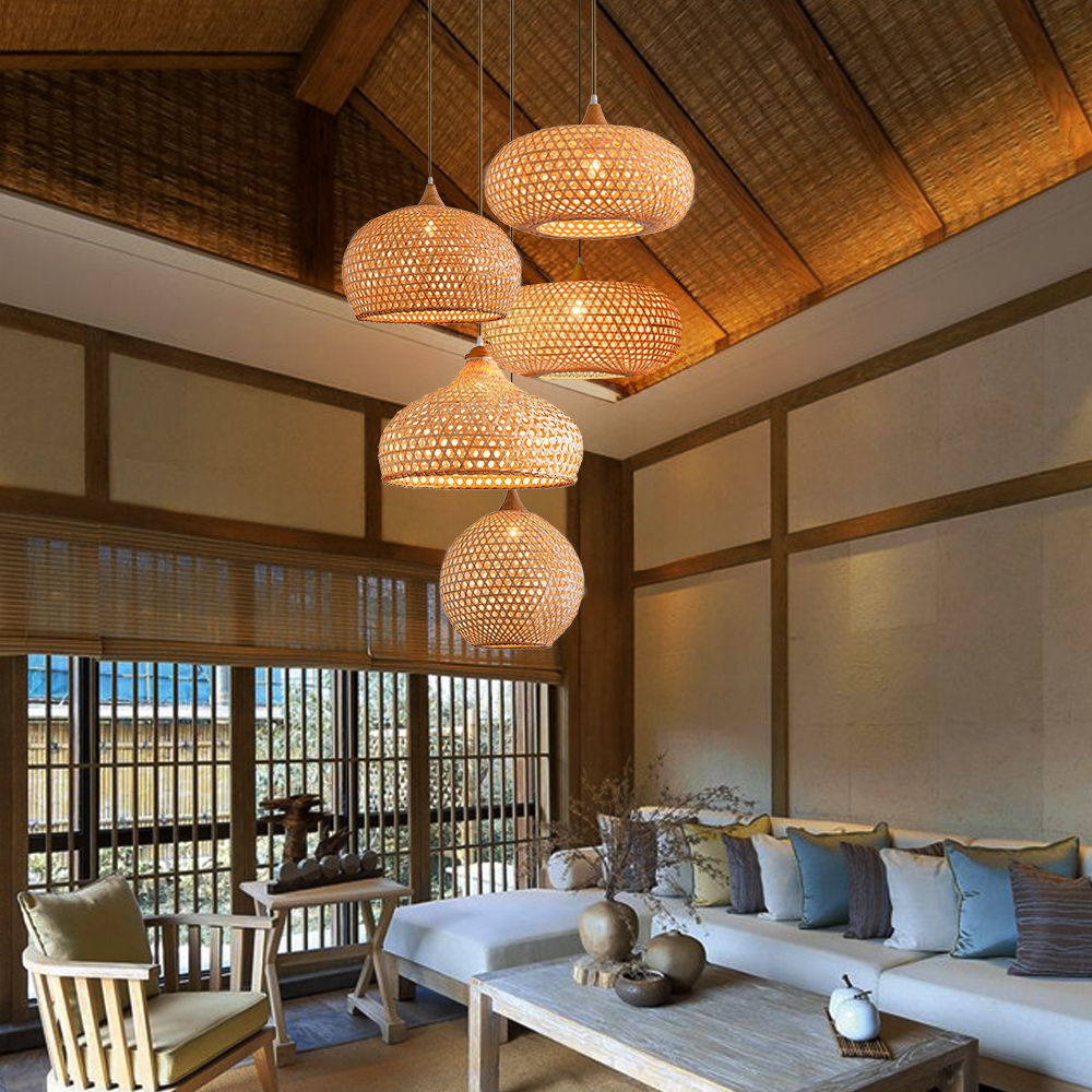 5-Head Wabi-sabi Restaurant Staircase Light Hand-woven Bamboo Pendant Light