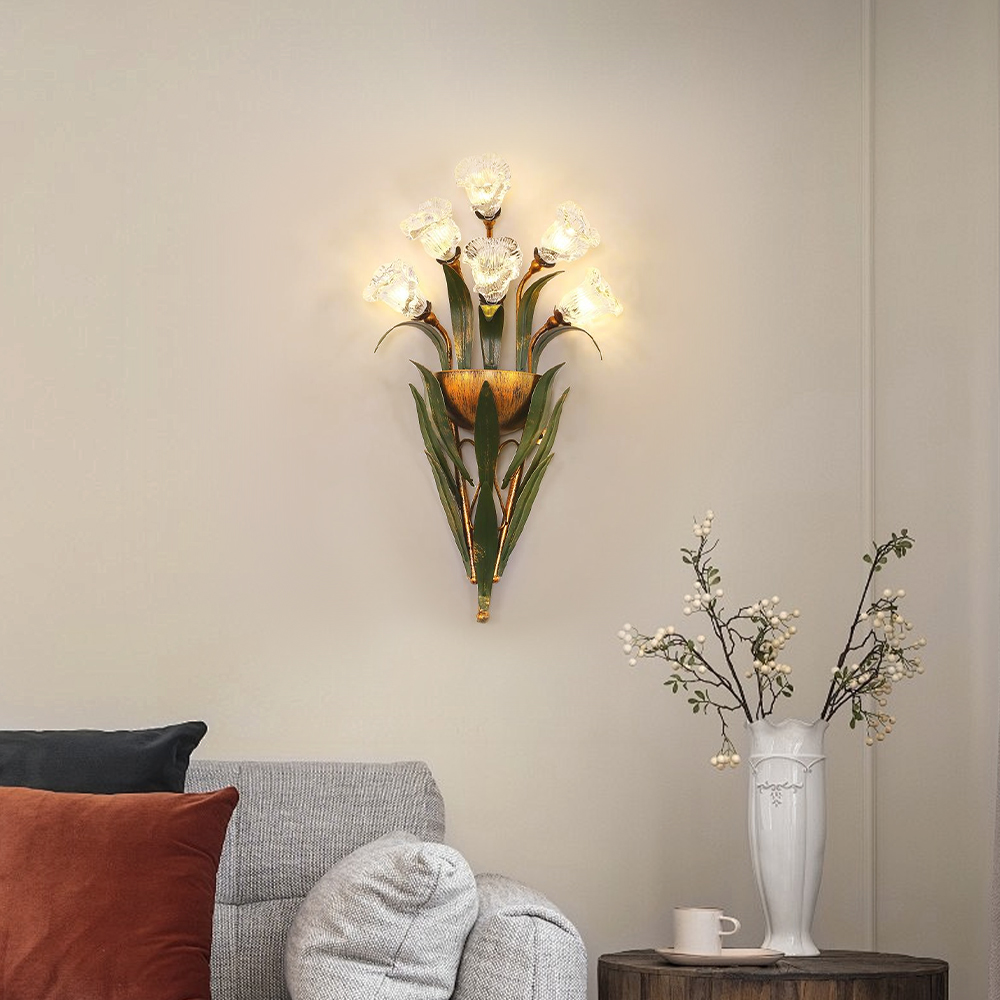 6-Heads French Pastoral Flower Wall Lamp Bedroom Corridor Lamp