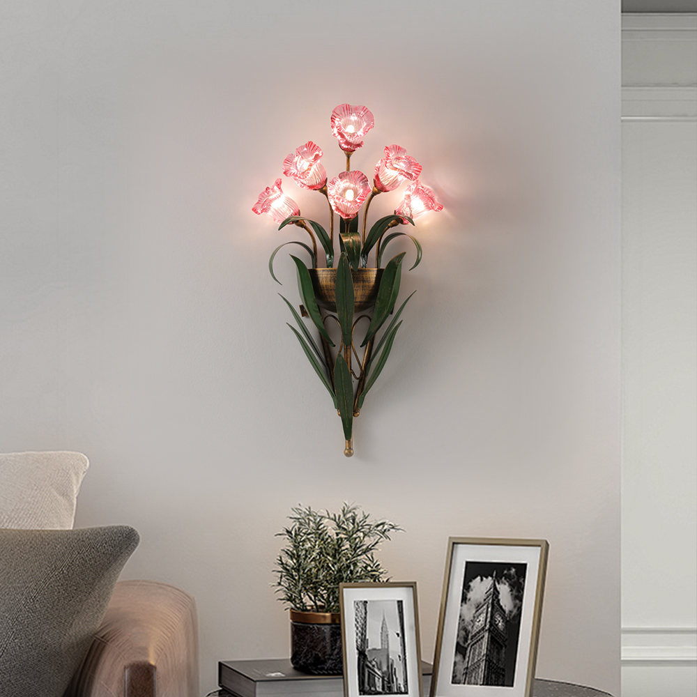 6-Heads French Pastoral Flower Wall Lamp Bedroom Corridor Lamp