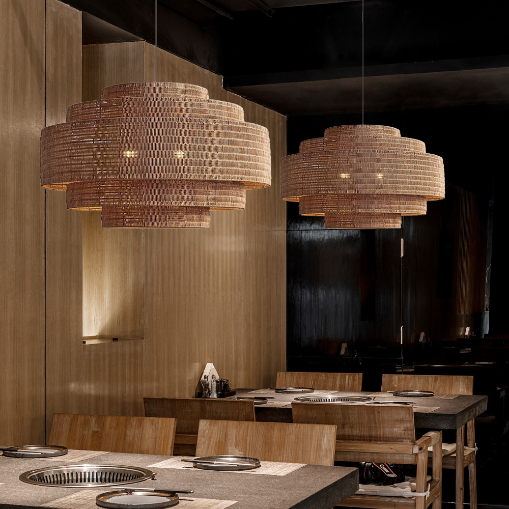 Wabi-sabi Style Living Room Pendant Light Brown Multi-layer Hand-woven Rattan Lamp