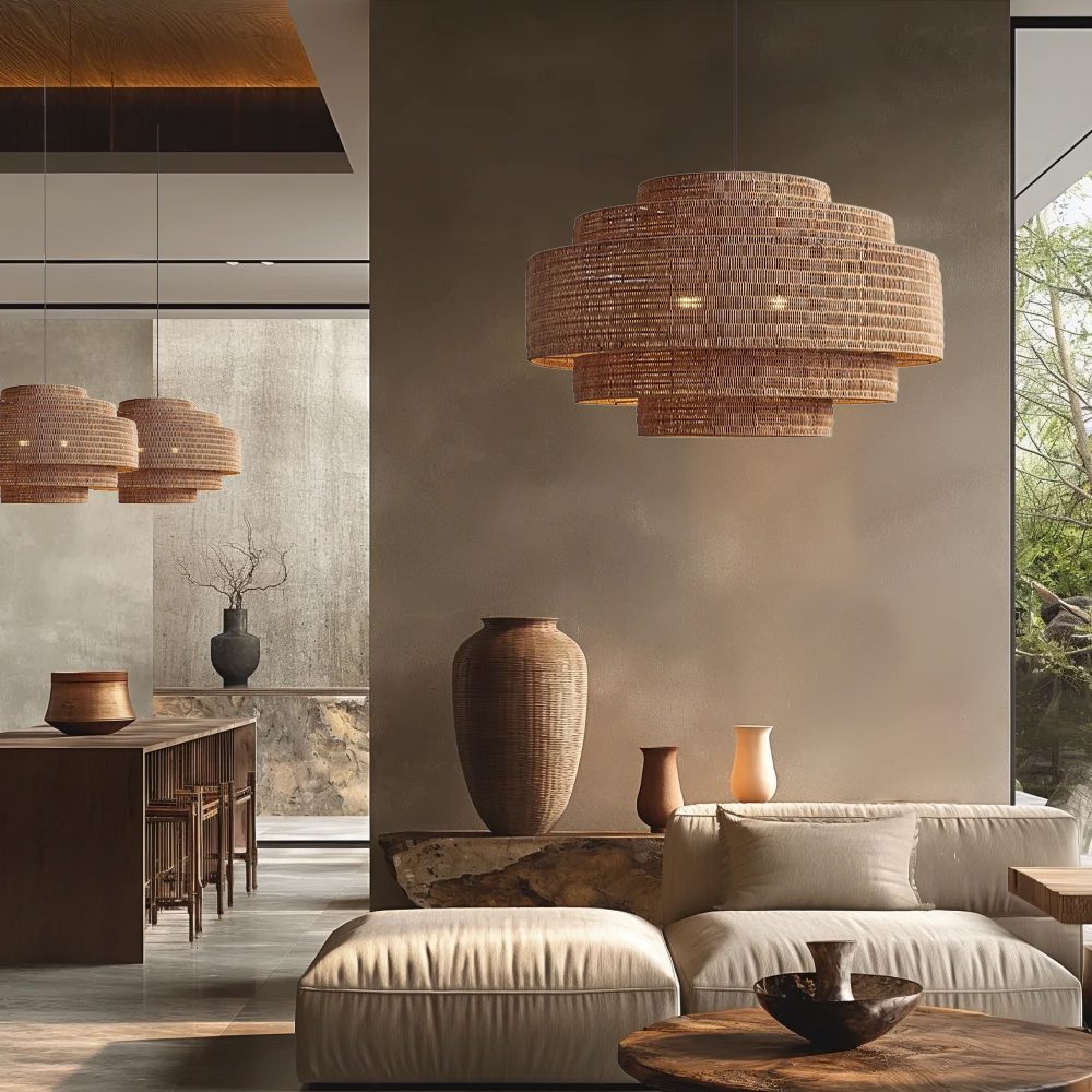 Wabi-sabi Style Living Room Pendant Light Brown Multi-layer Hand-woven Rattan Lamp