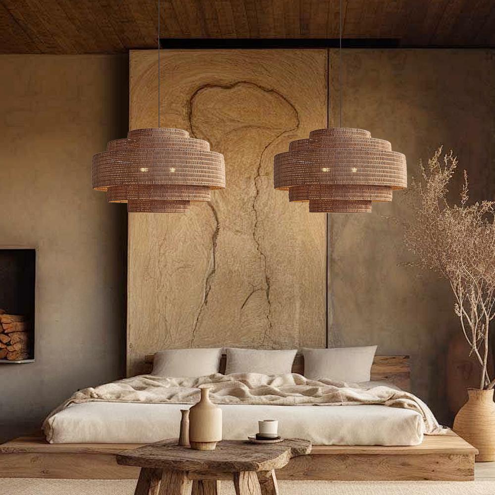 Wabi-sabi Style Living Room Pendant Light Brown Multi-layer Hand-woven Rattan Lamp