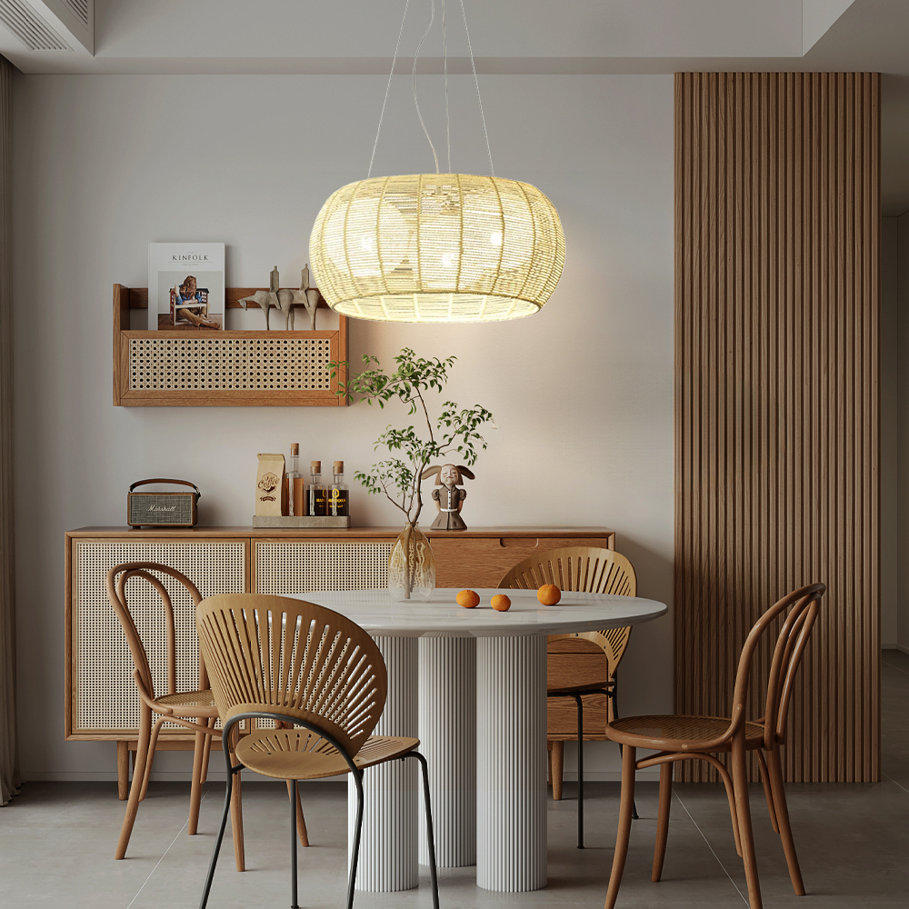 Japanese Style Hemp Rope Pendant Light Bedroom Living Room Round Lampshade