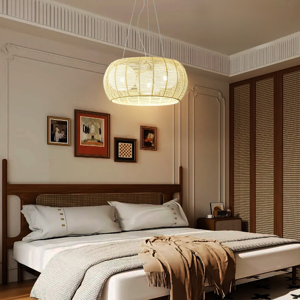 Japanese Style Hemp Rope Pendant Light Bedroom Living Room Round Lampshade