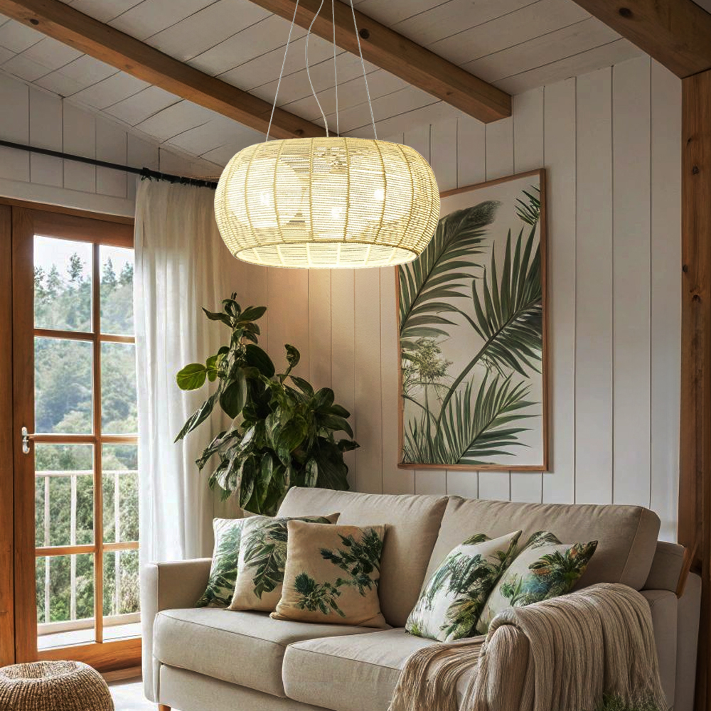 Japanese Style Hemp Rope Pendant Light Bedroom Living Room Round Lampshade