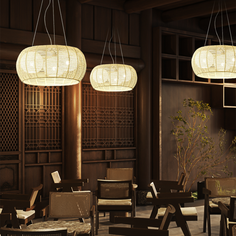 Japanese Style Hemp Rope Pendant Light Bedroom Living Room Round Lampshade