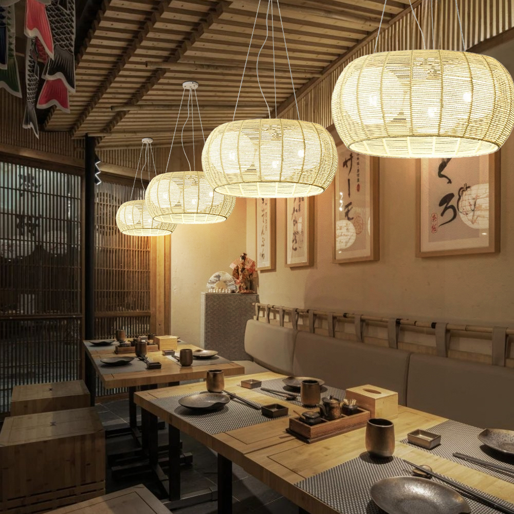 Japanese Style Hemp Rope Pendant Light Bedroom Living Room Round Lampshade