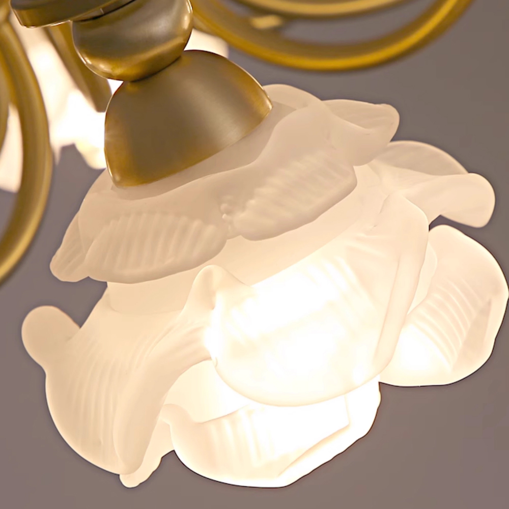 French Living Room Lamp 6-head Glass Rose Brass Pendant Light