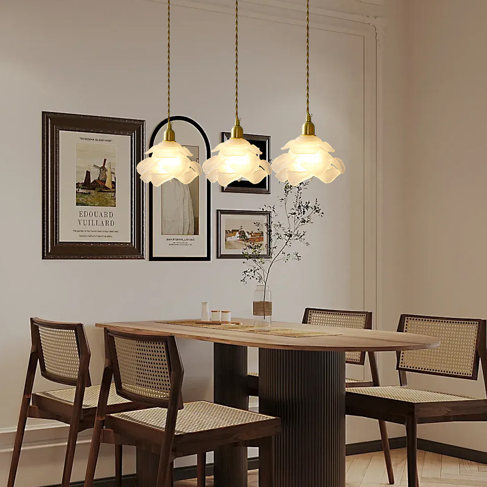 French Living Room Lamp 6-head Glass Rose Brass Pendant Light