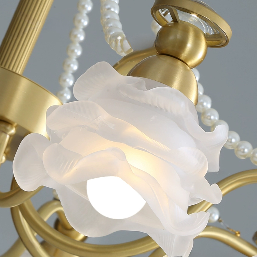 French Living Room Lamp 6-head Glass Rose Brass Pendant Light