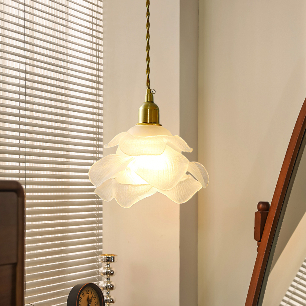 French Living Room Lamp 6-head Glass Rose Brass Pendant Light