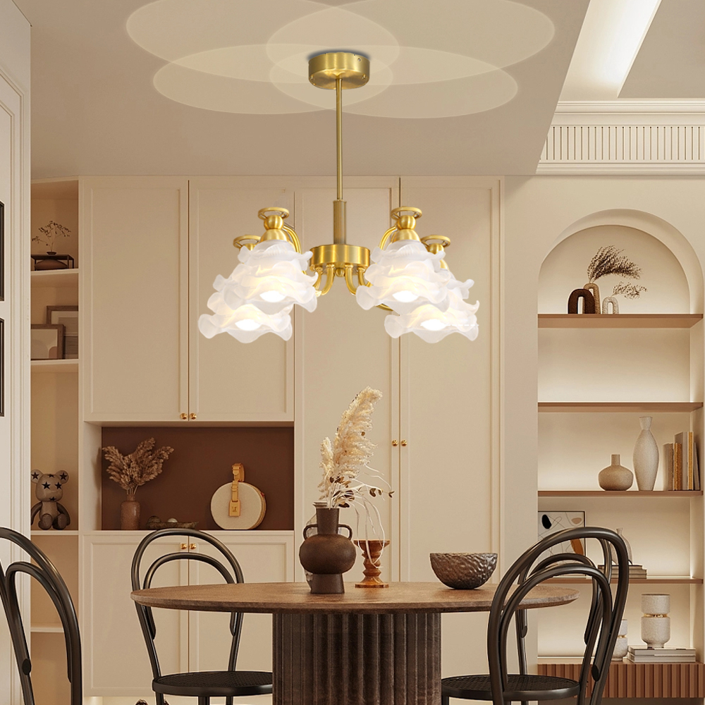 French Living Room Lamp 6-head Glass Rose Brass Pendant Light