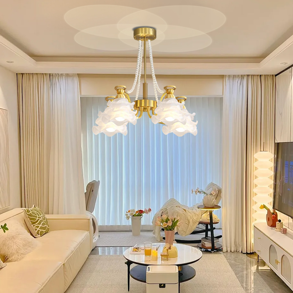 French Living Room Lamp 6-head Glass Rose Brass Pendant Light