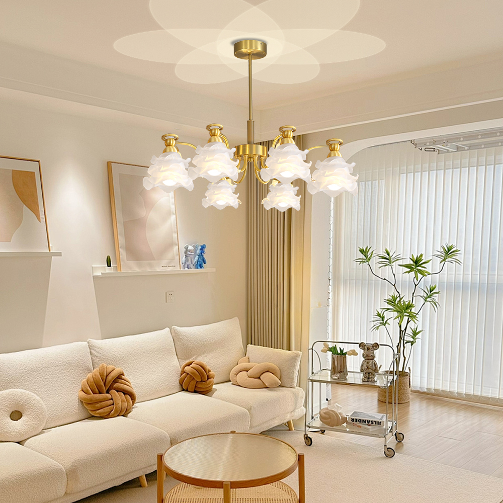 French Living Room Lamp 6-head Glass Rose Brass Pendant Light