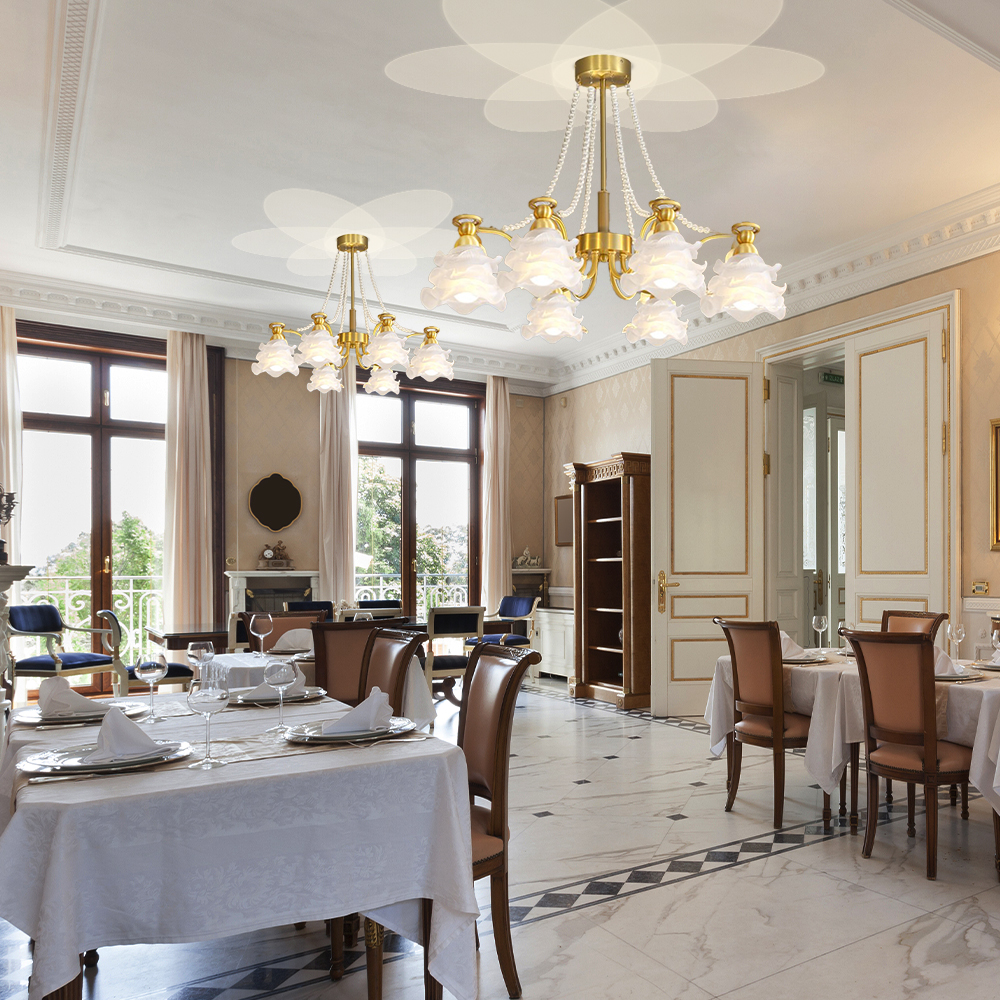 French Living Room Lamp 6-head Glass Rose Brass Pendant Light