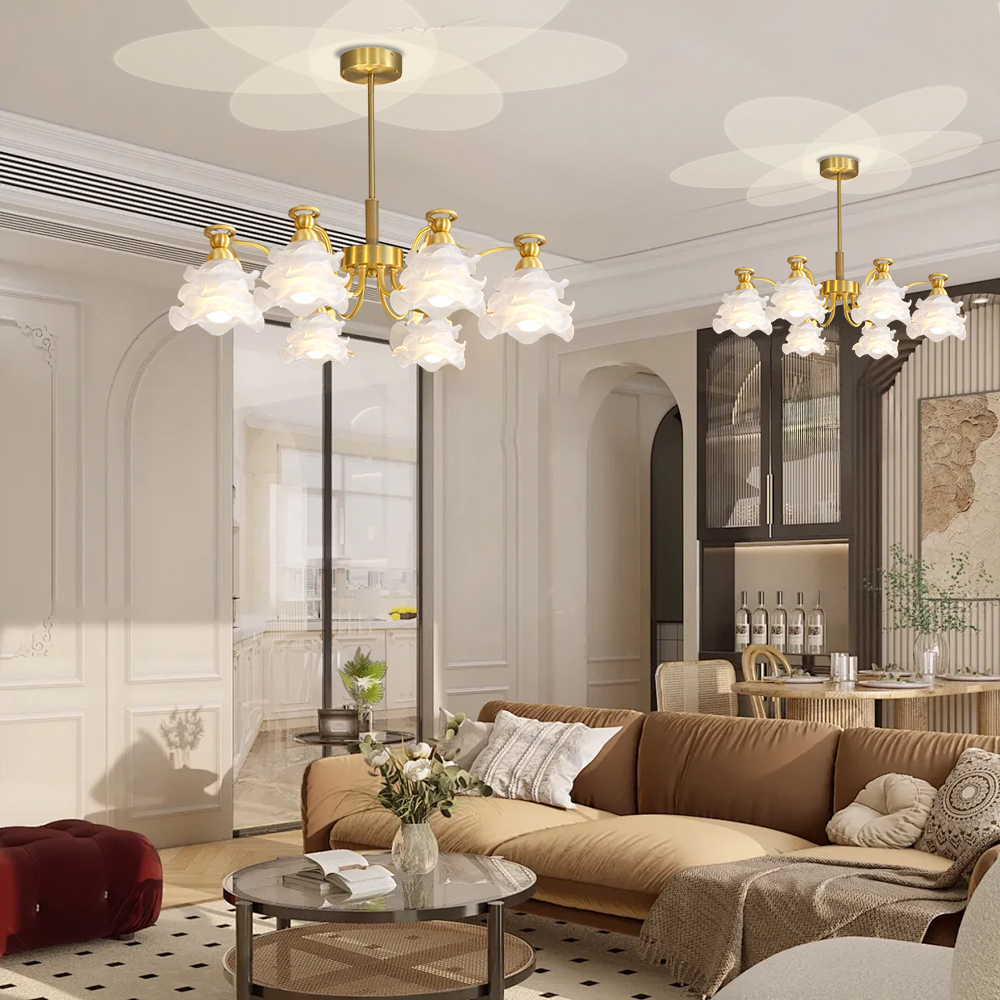 French Living Room Lamp 6-head Glass Rose Brass Pendant Light