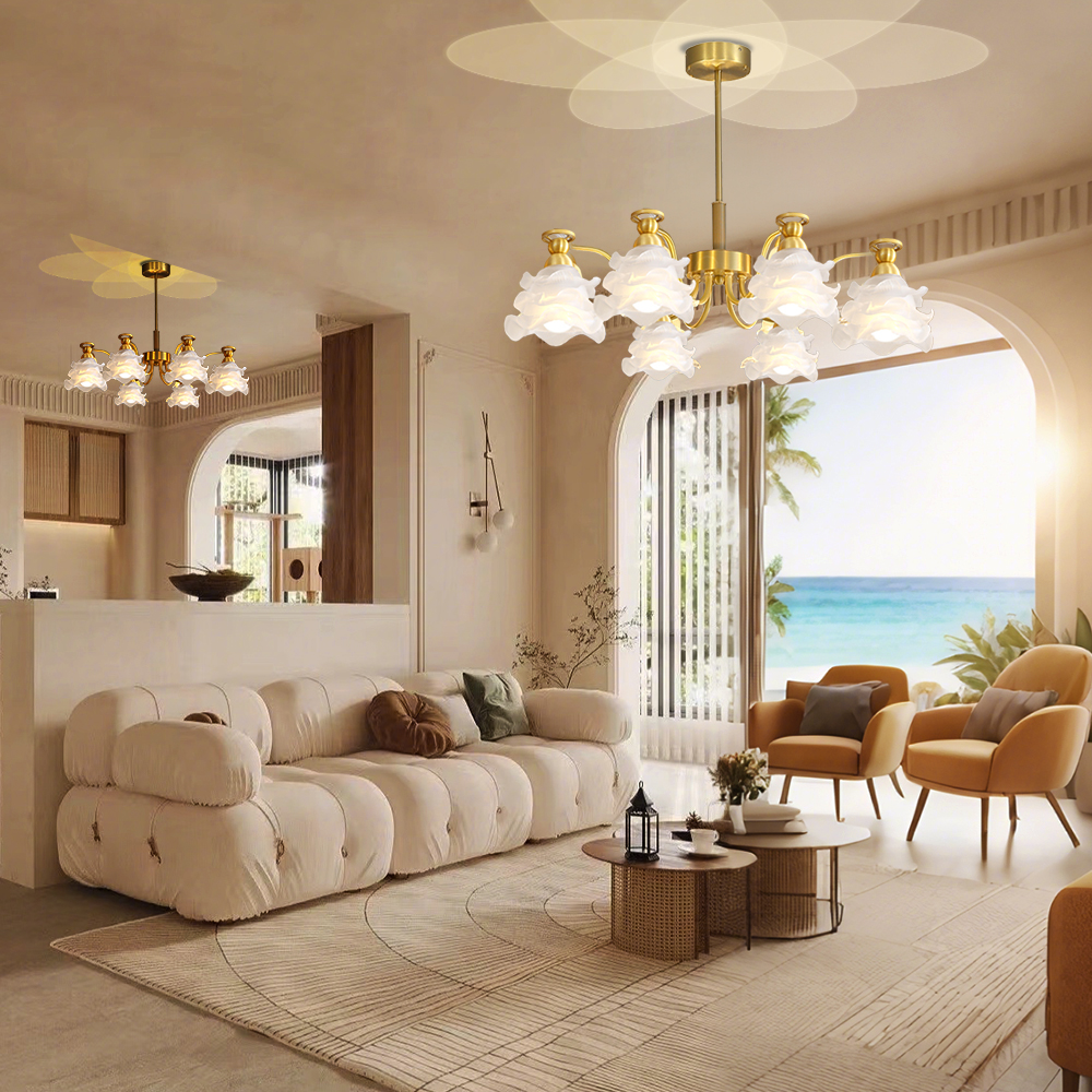 French Living Room Lamp 6-head Glass Rose Brass Pendant Light