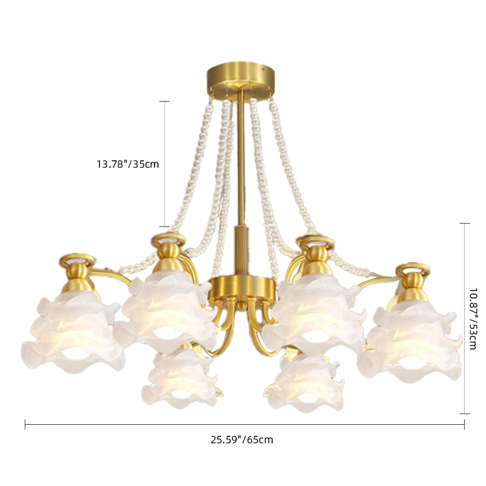 French Living Room Lamp 6-head Glass Rose Brass Pendant Light