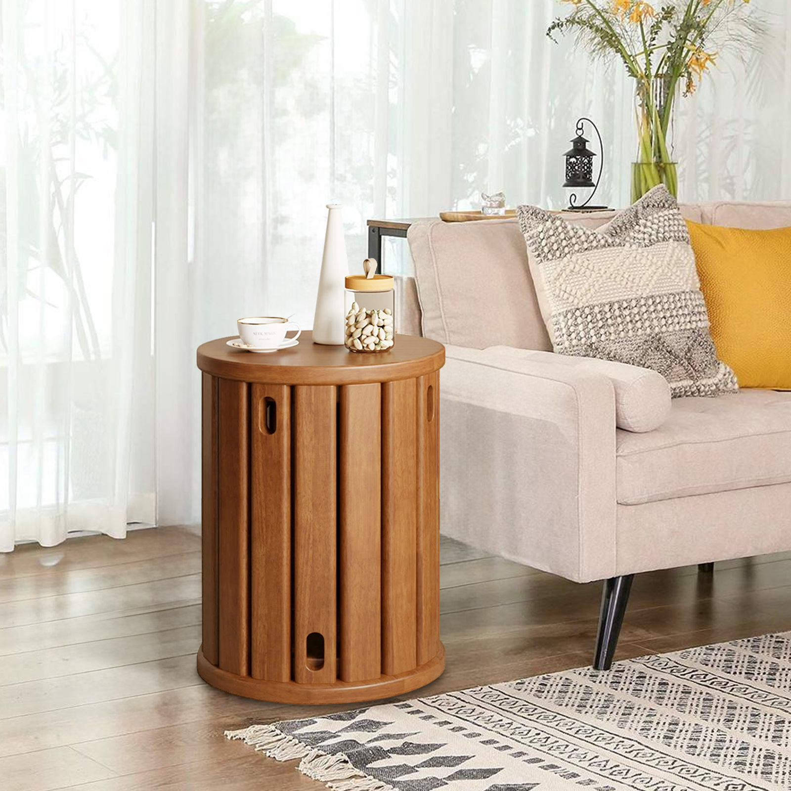 Japanese Solid Wood Folding Stool Living Room Tea Table Round Stool 2 In 1