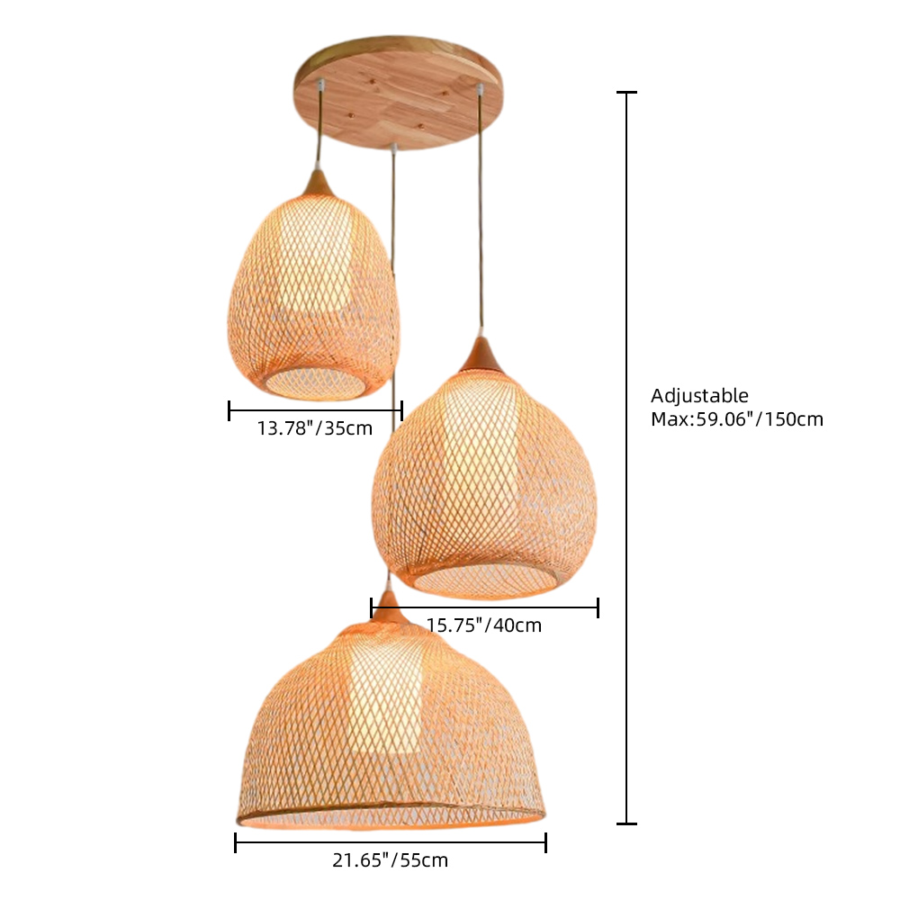 3-Head Pendant Lights Hand-wove Bamboo Lampshade Wabi-sabi Style Dining Room Lamp
