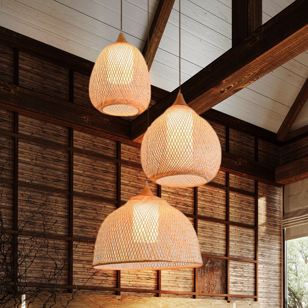 3-Head Pendant Lights Hand-wove Bamboo Lampshade Wabi-sabi Style Dining Room Lamp