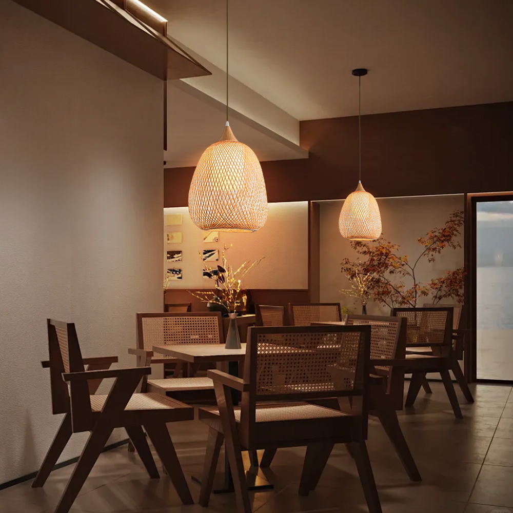 3-Head Pendant Lights Hand-wove Bamboo Lampshade Wabi-sabi Style Dining Room Lamp