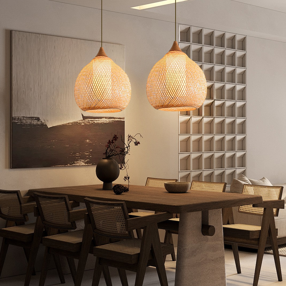 3-Head Pendant Lights Hand-wove Bamboo Lampshade Wabi-sabi Style Dining Room Lamp