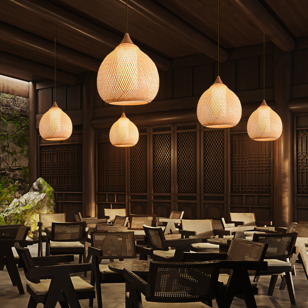 3-Head Pendant Lights Hand-wove Bamboo Lampshade Wabi-sabi Style Dining Room Lamp