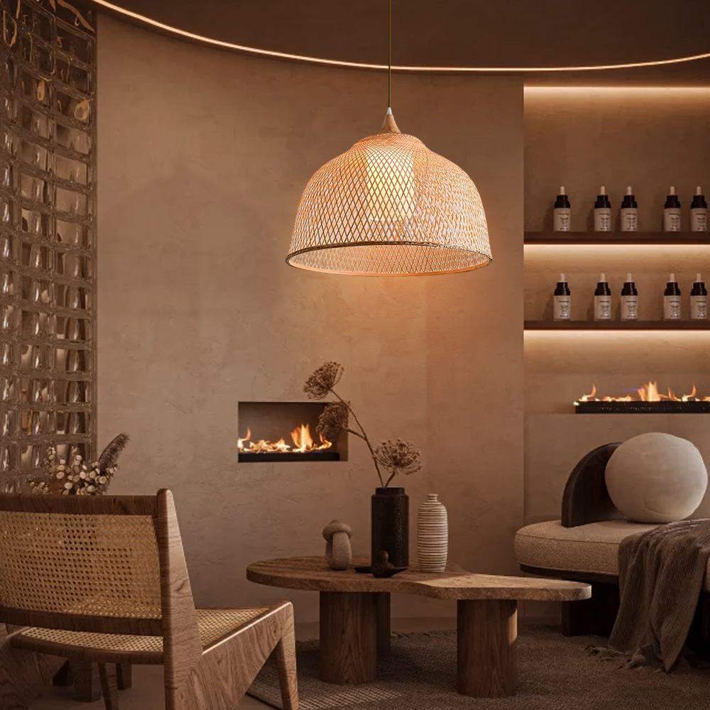 3-Head Pendant Lights Hand-wove Bamboo Lampshade Wabi-sabi Style Dining Room Lamp