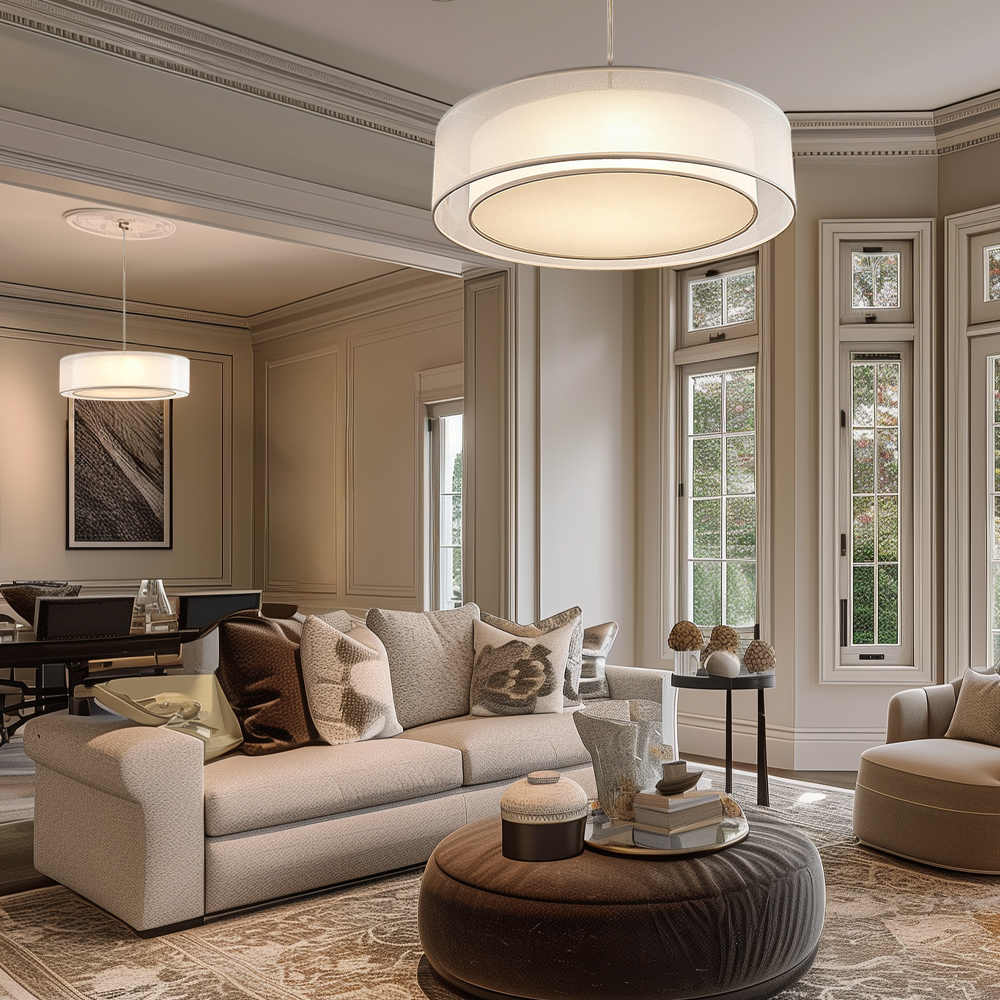 Japanese Style White Round Fabric Pendant Light Dining Room LED Light