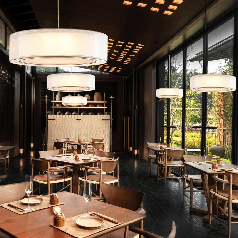 Japanese Style White Round Fabric Pendant Light Dining Room LED Light