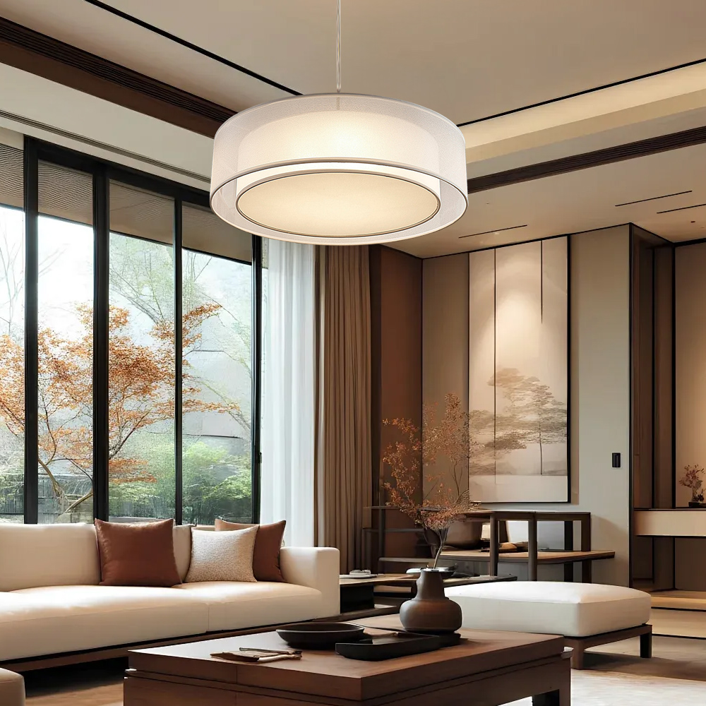 Japanese Style White Round Fabric Pendant Light Dining Room LED Light