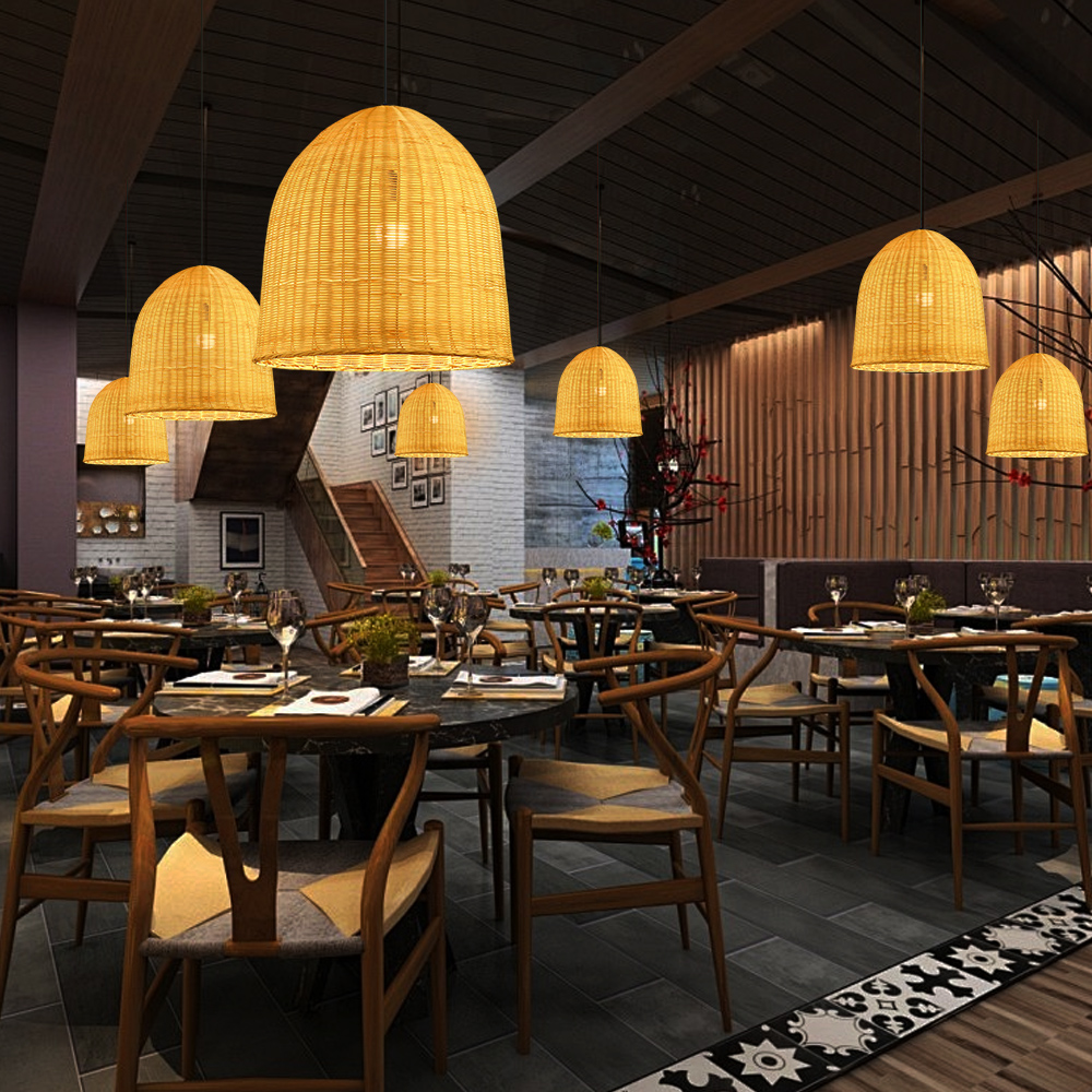 Japanese Style Hand-wove Rattan Pendant Light Dining Room Lampshade