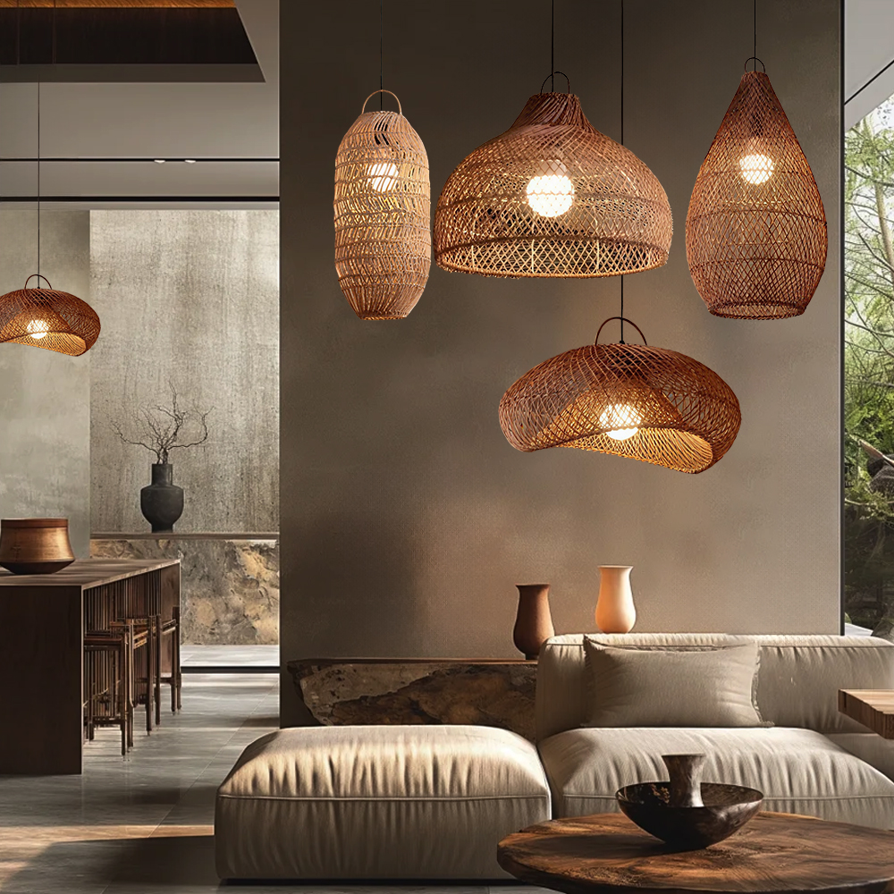Wabi-sabi Style Natural Dark Rattan Pendant Light Living Room Dining Room Lampshade