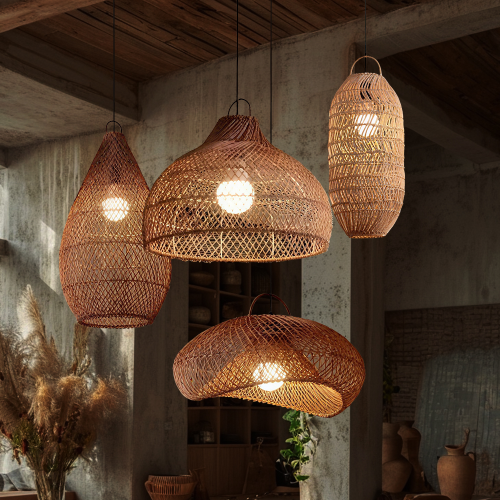 Wabi-sabi Style Natural Dark Rattan Pendant Light Living Room Dining Room Lampshade