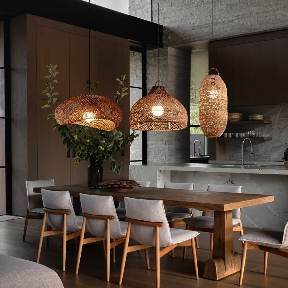 Wabi-sabi Style Natural Dark Rattan Pendant Light Living Room Dining Room Lampshade