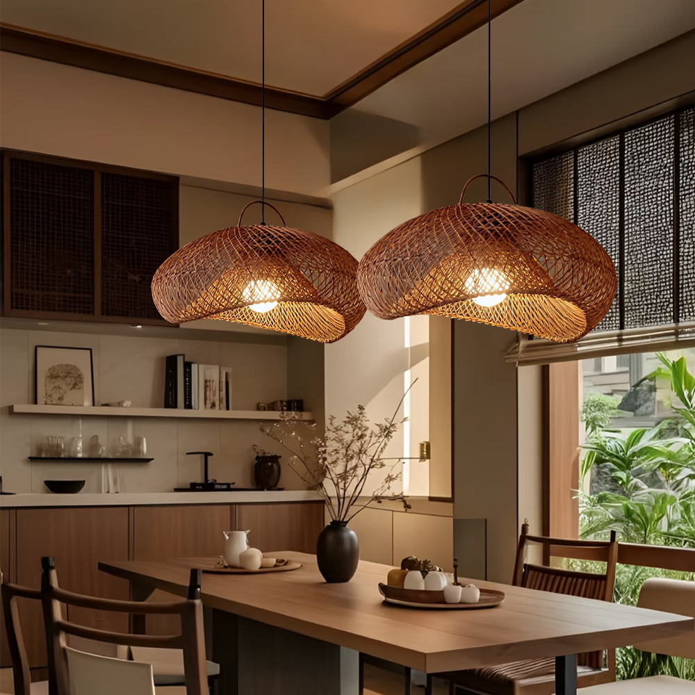 Wabi-sabi Style Natural Dark Rattan Pendant Light Living Room Dining Room Lampshade