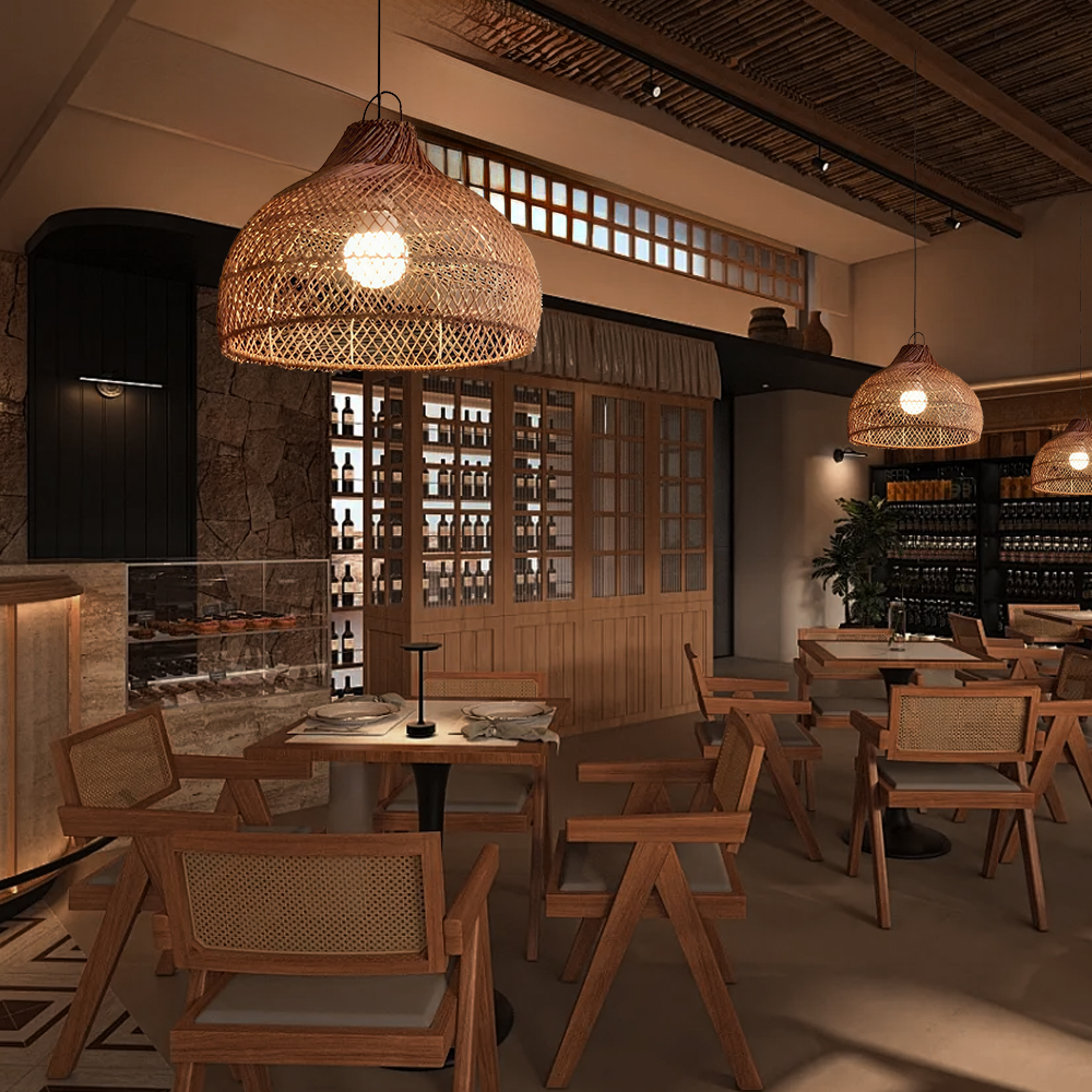 Wabi-sabi Style Natural Dark Rattan Pendant Light Living Room Dining Room Lampshade