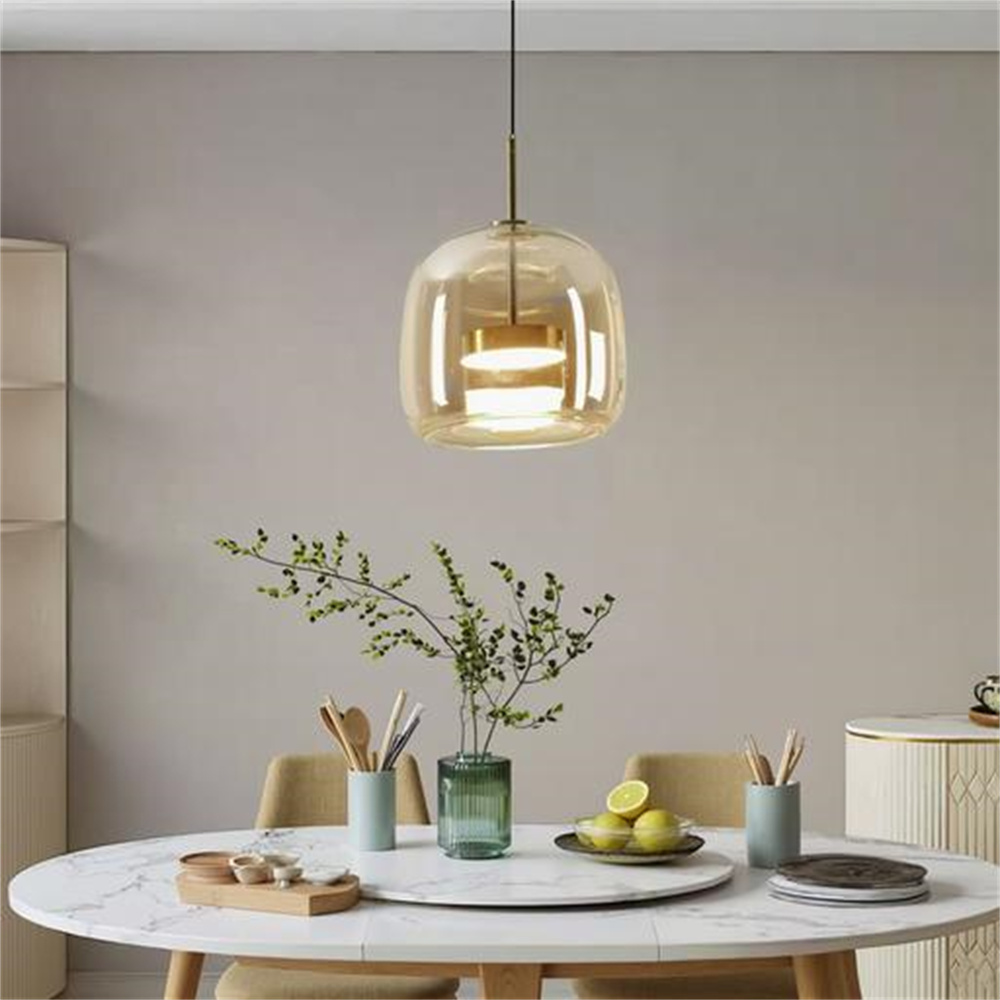 Modern Simple Dining Room Amber Glass Single Head Pendant Light