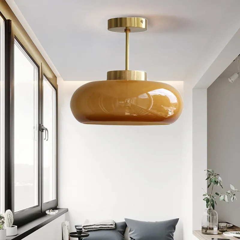 French Retro Hallway Brass Ceiling Light Medieval Restaurant Flush Mount Glass Lamp