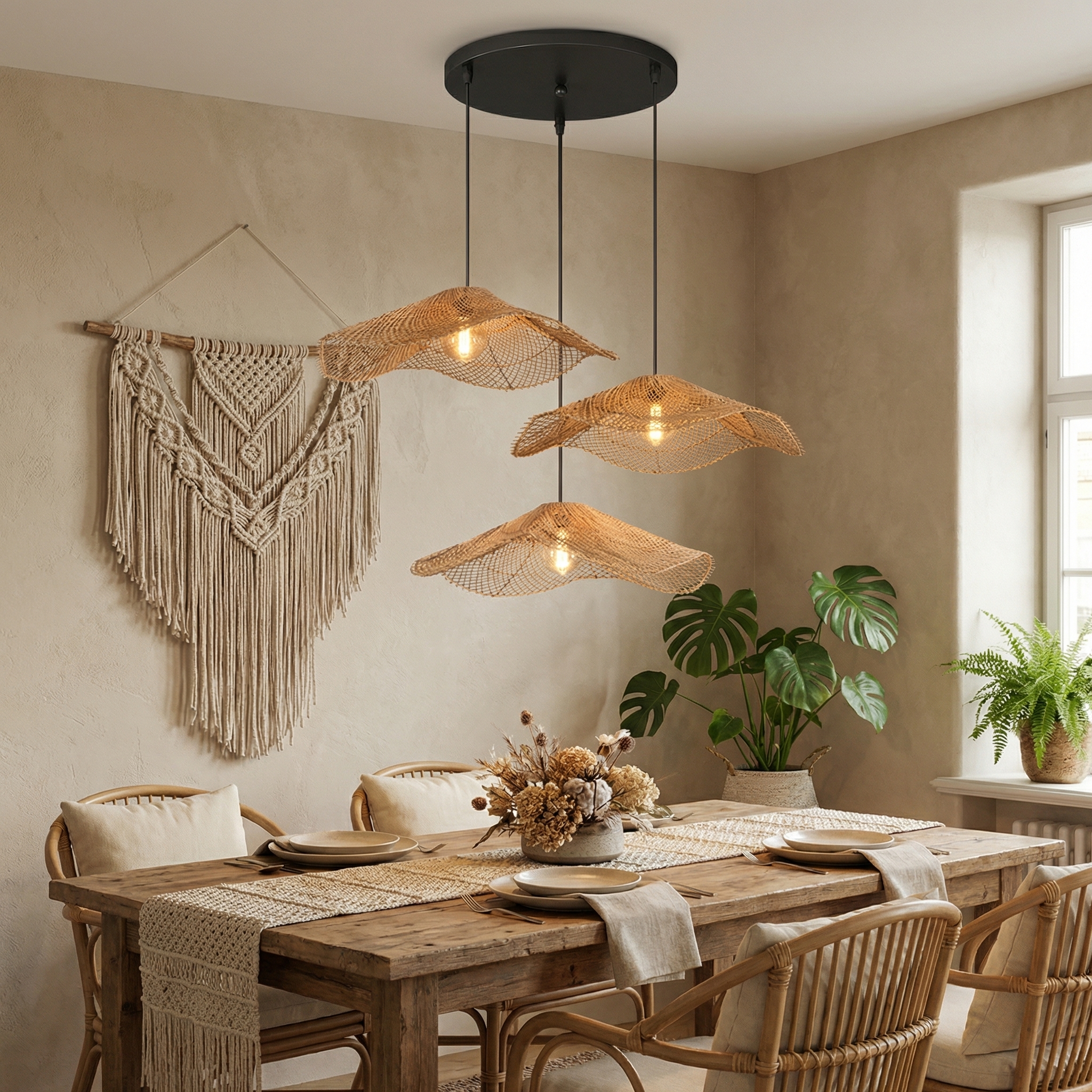 Boho Rattan Cluster Pendant Light  Woven Chandelier for Coastal & Wabi-Sabi Dining Areas