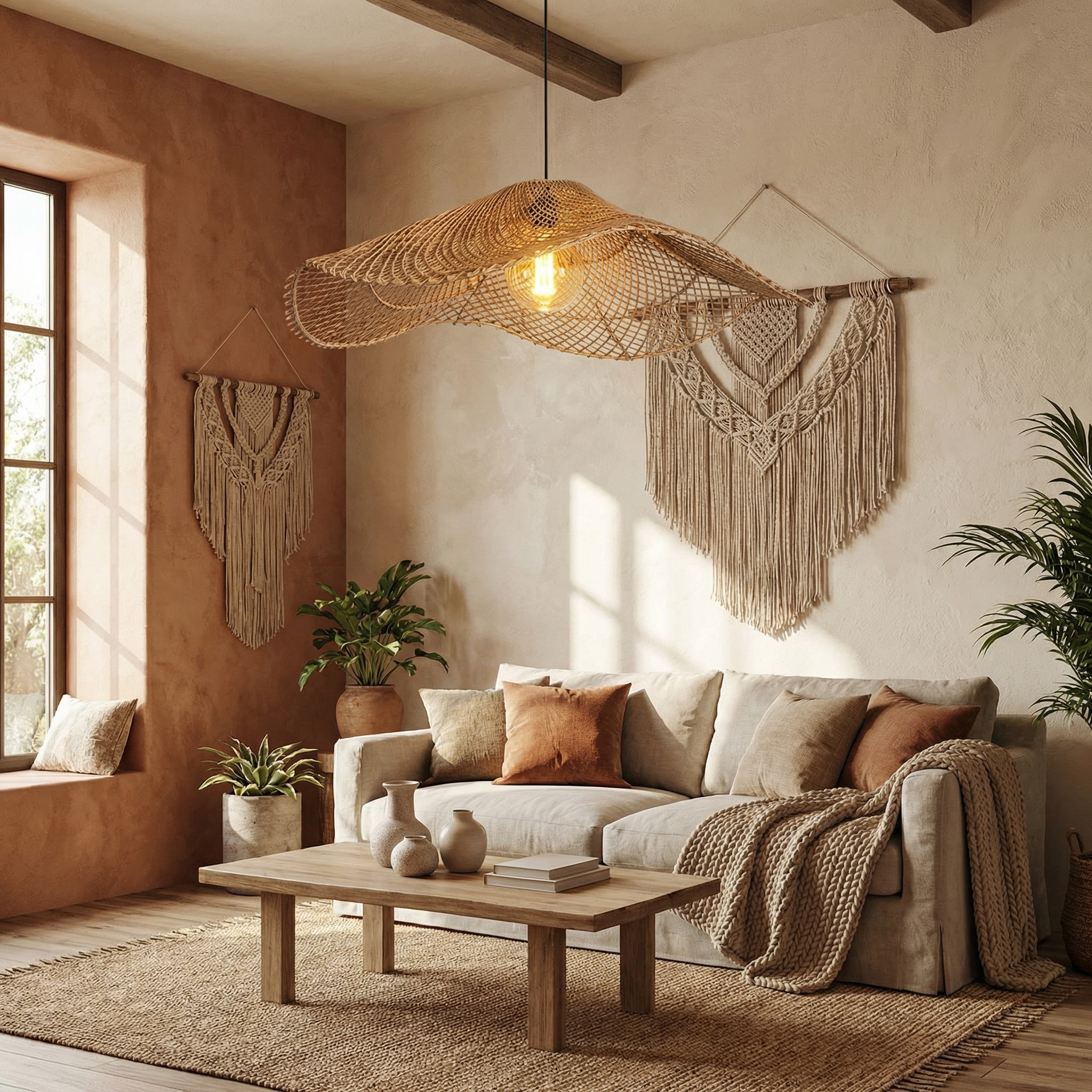 Boho Rattan Cluster Pendant Light  Woven Chandelier for Coastal & Wabi-Sabi Dining Areas