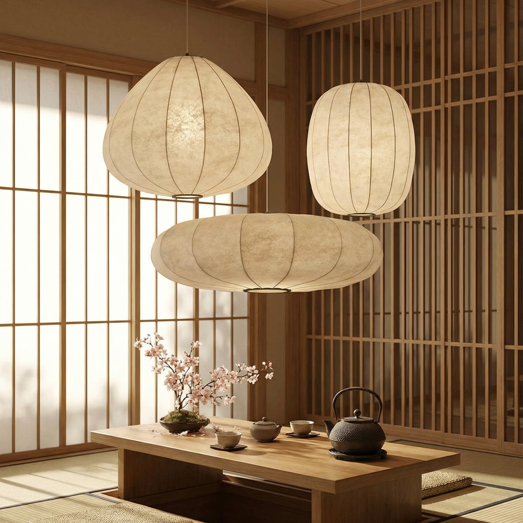 Wabi-Sabi Silk Pendant Light Set Lantern Chandelier for Restaurant & Tea Room