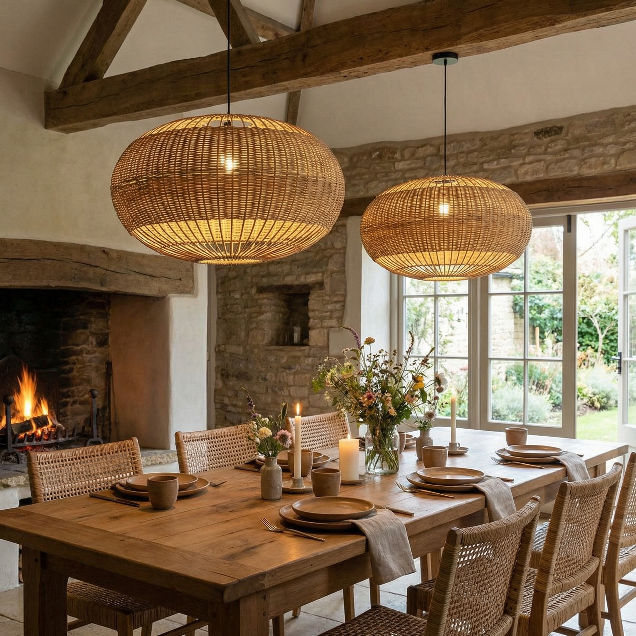 Rattan Chandelier Retro Wabi-sabi  Style Dining Room Pendant Light