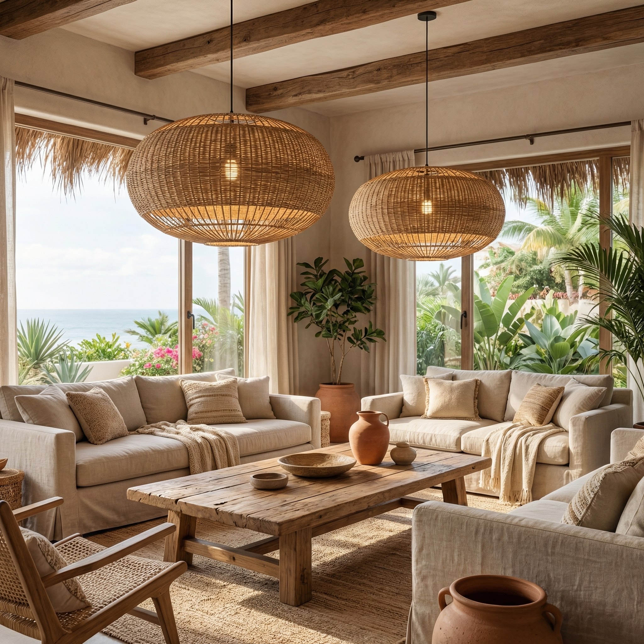 Rattan Chandelier Retro Wabi-sabi  Style Dining Room Pendant Light