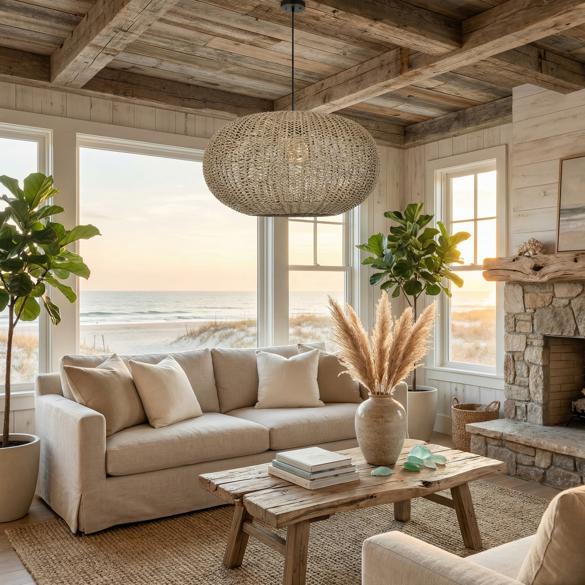 Handwoven Rattan Oval Pendant Light  Coastal Boho Chandelier for Living Room & Beach House